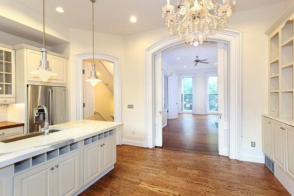 Chandelier, Interior, Kitchen, Pendant Lights, Recessed Lighting, Stainless Steel Appliances, Wood Texture Flooring