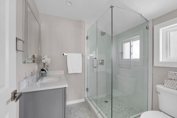 Bathroom, Glass Shower, Interior, Marble, Recessed Lighting