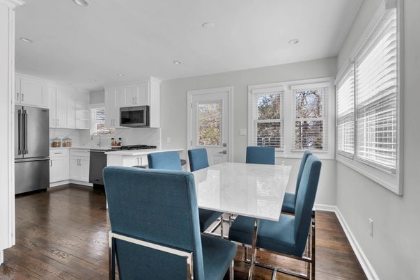Dining room, Interior, Kitchen, Recessed Lighting, Stainless Steel Appliances, Wood Texture Flooring
