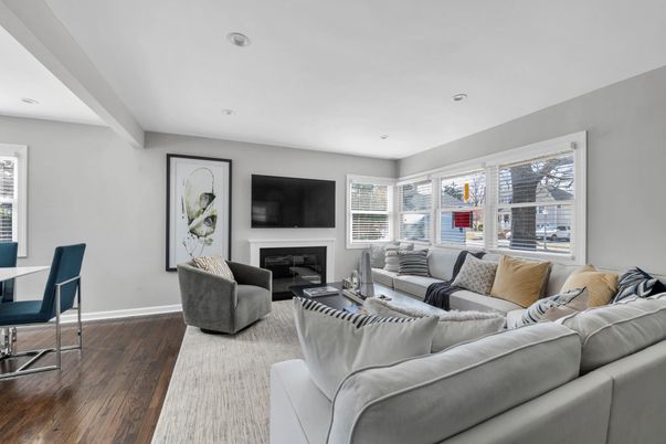 Fireplace, Interior, Living room, Recessed Lighting, Wood Texture Flooring