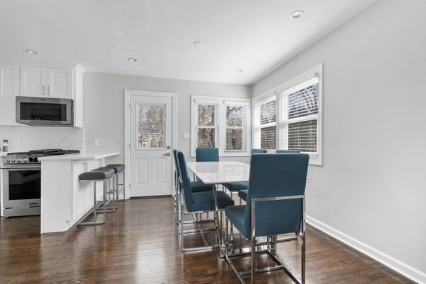 Dining room, Interior, Kitchen, Recessed Lighting, Wood Texture Flooring