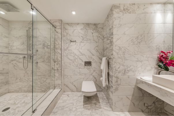 Bathroom, Glass Shower, Interior, Marble, Marble Walls, Recessed Lighting