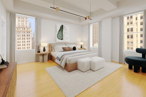 Bedroom, Interior, Pendant Lights, Wood Texture Flooring