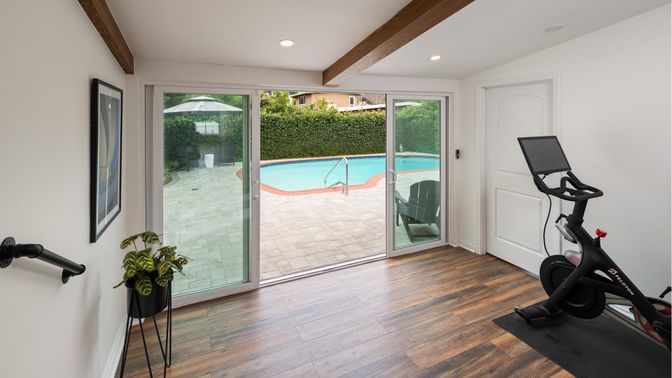 Fitness Equipment, Interior, Pool, Recessed Lighting, Wooden Beams, Wood Texture Flooring