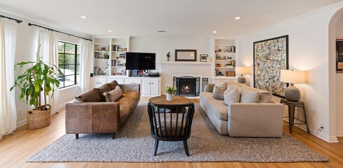 Fireplace, Interior, Living room, Recessed Lighting, Wood Texture Flooring