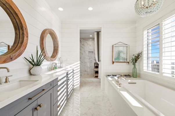 Bathroom, Dual Sink Vanities, Interior, Marble, Marble Walls, Recessed Lighting