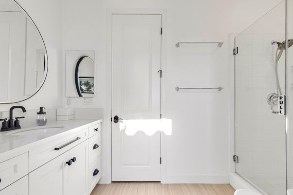 Bathroom, Dual Sink Vanities, Glass Shower, Interior, Wood Texture Flooring