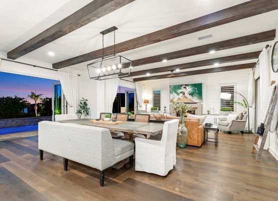 Chandelier, Dining room, Interior, Living room, Pendant Lights, Recessed Lighting, Wooden Beams, Wood Texture Flooring