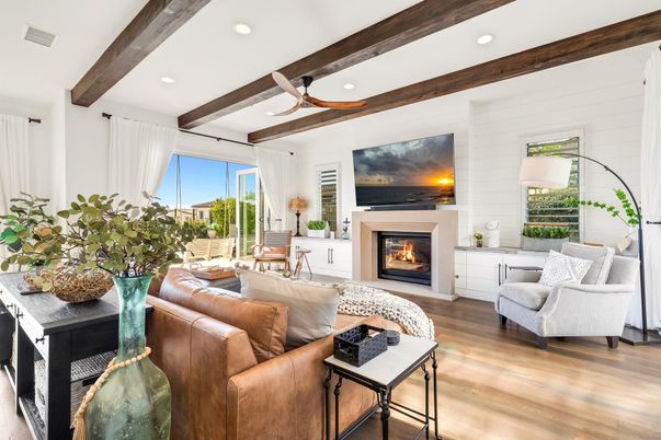 Fireplace, Interior, Living room, Recessed Lighting, Wooden Beams, Wood Texture Flooring