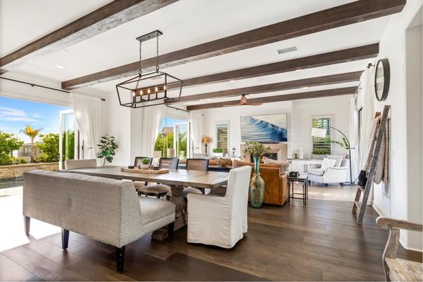 Dining room, Interior, Living room, Pendant Lights, Recessed Lighting, Wooden Beams, Wood Texture Flooring