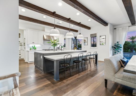 Interior, Kitchen, Pendant Lights, Recessed Lighting, Stainless Steel Appliances, Wooden Beams, Wood Texture Flooring