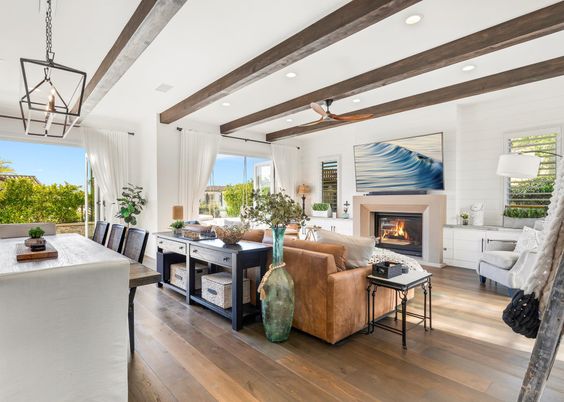 Fireplace, Interior, Living room, Pendant Lights, Recessed Lighting, Wooden Beams, Wood Texture Flooring