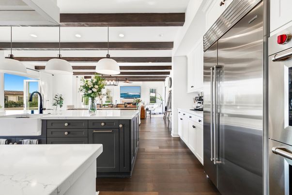 Interior, Kitchen, Pendant Lights, Recessed Lighting, Stainless Steel Appliances, Water, Wooden Beams, Wood Texture Flooring