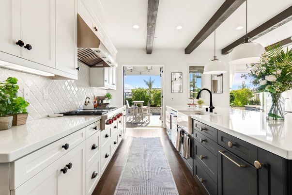 Interior, Kitchen, Pendant Lights, Recessed Lighting, Stainless Steel Appliances, Wooden Beams, Wood Texture Flooring