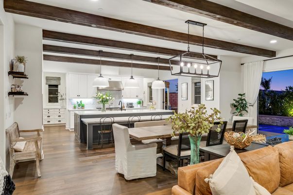 Dining room, Interior, Kitchen, Pendant Lights, Recessed Lighting, Stainless Steel Appliances, Wooden Beams, Wood Texture Flooring