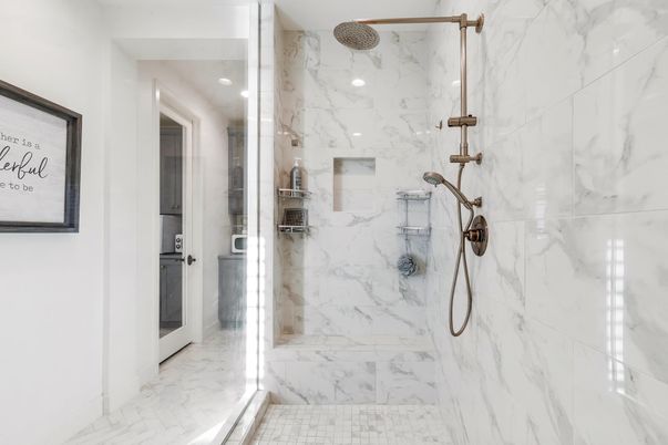Bathroom, Glass Shower, Interior, Marble, Marble Walls, Recessed Lighting