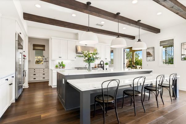 Interior, Kitchen, Pendant Lights, Recessed Lighting, Stainless Steel Appliances, Wooden Beams, Wood Texture Flooring