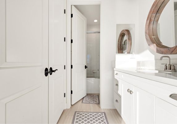 Bathroom, Glass Shower, Interior, Recessed Lighting, Wood Texture Flooring