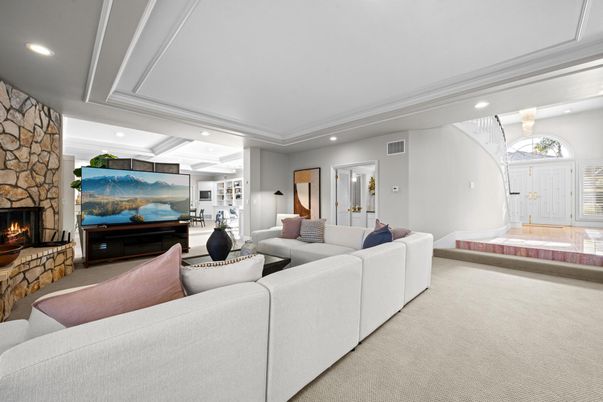 Fireplace, Interior, Living room, Recessed Lighting, Stone Walls