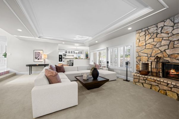 Fireplace, Interior, Living room, Recessed Lighting, Stone Walls