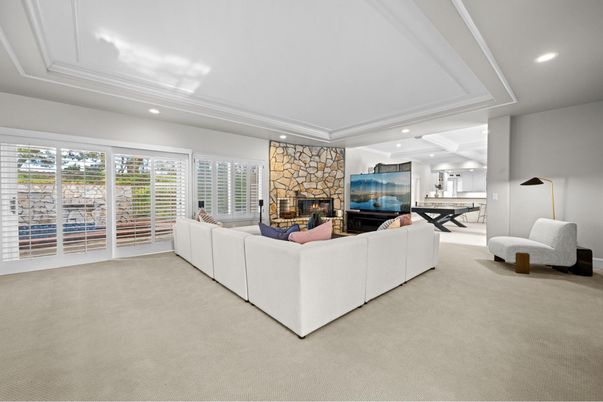 Fireplace, Interior, Living room, Recessed Lighting, Stone Walls