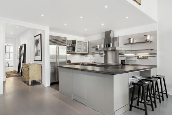 Interior, Kitchen, Recessed Lighting, Stainless Steel Appliances, Wood Texture Flooring
