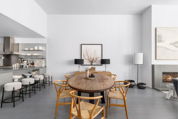 Dining room, Fireplace, Interior, Kitchen, Wood Texture Flooring