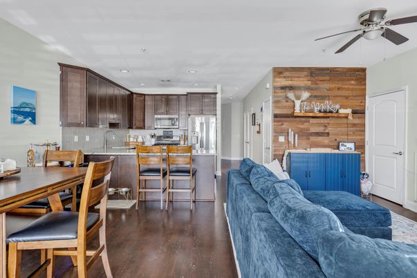 Dining room, Interior, Kitchen, Living room, Recessed Lighting, Wood Texture Flooring, Wooden Walls