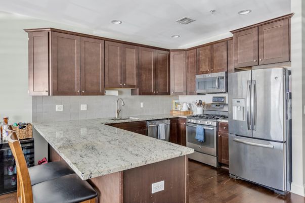 Interior, Kitchen, Recessed Lighting, Stainless Steel Appliances, Wood Texture Flooring