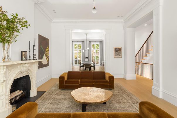 Fireplace, Interior, Living room, Pendant Lights, Recessed Lighting, Wood Texture Flooring