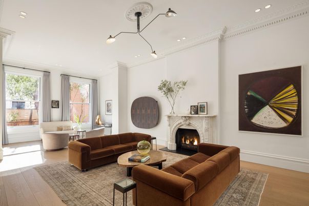 Fireplace, Interior, Living room, Pendant Lights, Recessed Lighting, Wood Texture Flooring
