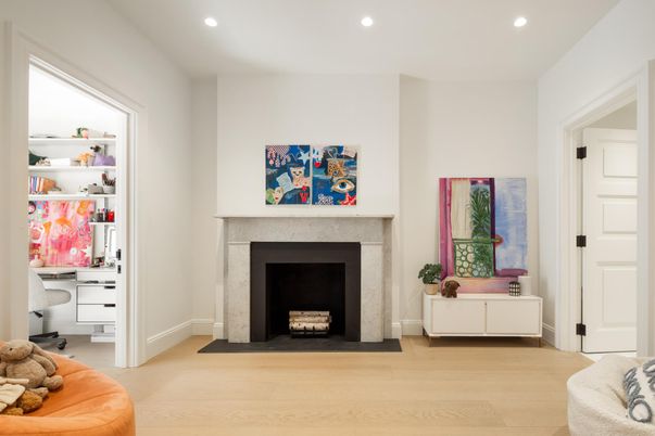 Fireplace, Interior, Recessed Lighting, Wood Texture Flooring