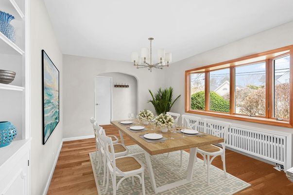 Dining room, Interior, Pendant Lights, Wood Texture Flooring