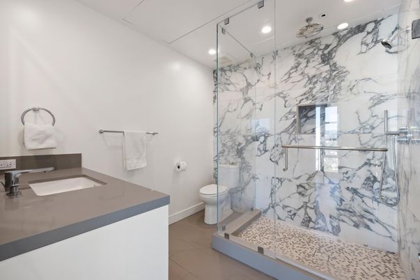 Bathroom, Glass Shower, Interior, Marble Walls, Recessed Lighting