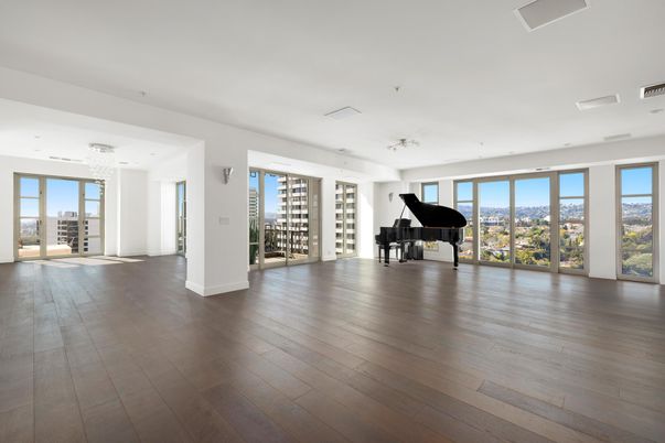 Chandelier, Empty room, Interior, Piano, Recessed Lighting, Wood Texture Flooring