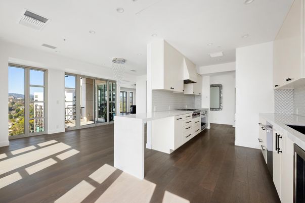 Chandelier, Interior, Kitchen, Pendant Lights, Recessed Lighting, Stainless Steel Appliances, Wood Texture Flooring