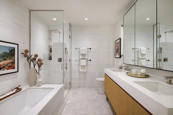 Bathroom, Dual Sink Vanities, Glass Shower, Interior, Recessed Lighting