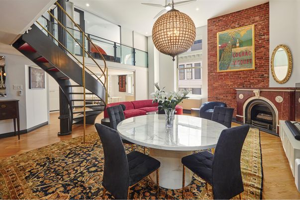 Dining room, Fireplace, Interior, Pendant Lights, Recessed Lighting, Stone Walls, Wood Texture Flooring