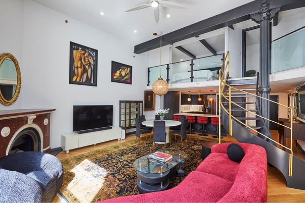 Dining room, Fireplace, Interior, Living room, Pendant Lights, Recessed Lighting, Wood Texture Flooring
