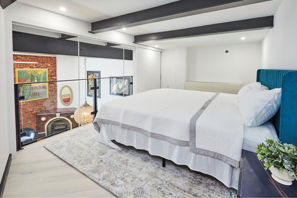 Bedroom, Fireplace, Interior, Recessed Lighting, Stone Walls, Wooden Beams, Wood Texture Flooring