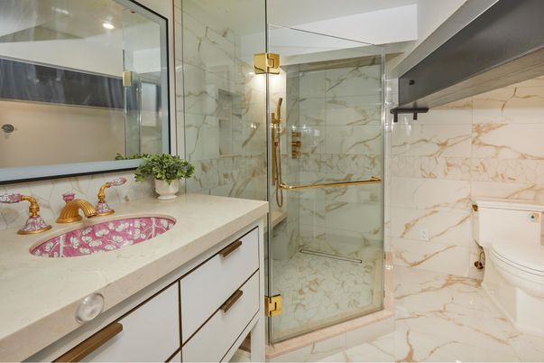 Bathroom, Glass Shower, Interior, Marble, Marble Walls
