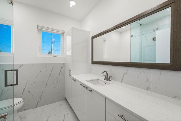 Bathroom, Glass Shower, Interior, Marble, Marble Walls, Recessed Lighting
