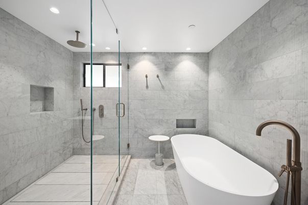 Bathroom, Free Standing Baths, Glass Shower, Interior, Marble Walls, Recessed Lighting