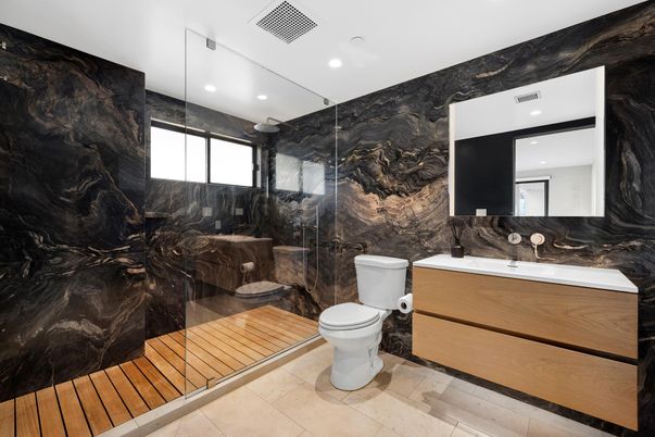 Bathroom, Glass Shower, Interior, Marble Walls, Recessed Lighting