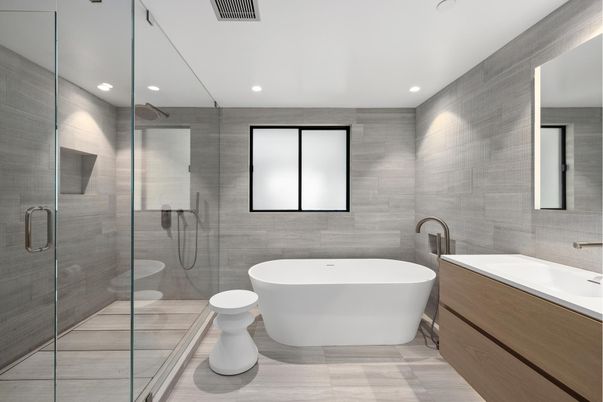 Bathroom, Free Standing Baths, Glass Shower, Interior, Recessed Lighting