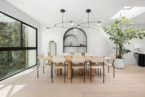 Dining room, Interior, Pendant Lights, Recessed Lighting, Wood Texture Flooring