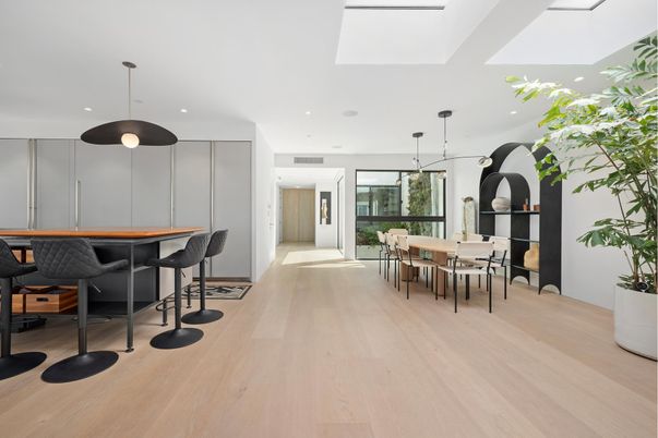 Dining room, Interior, Pendant Lights, Recessed Lighting, Wood Texture Flooring