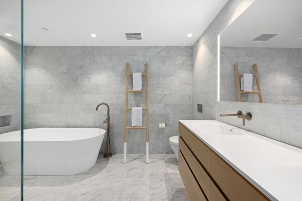 Bathroom, Dual Sink Vanities, Free Standing Baths, Glass Shower, Interior, Marble, Marble Walls, Recessed Lighting