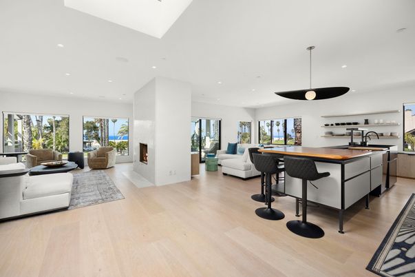 Fireplace, Interior, Kitchen, Living room, Pendant Lights, Recessed Lighting, Wood Texture Flooring