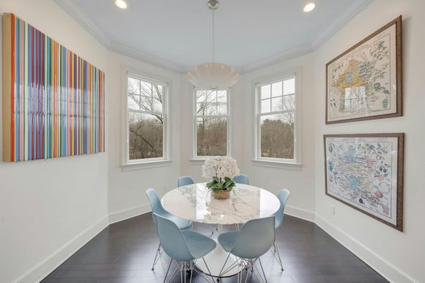 Dining room, Interior, Pendant Lights, Recessed Lighting, Wood Texture Flooring